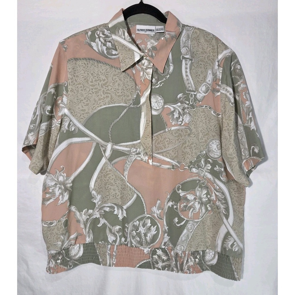 Alfred Dunner Blouse Womens Size 20 Green Peach‎ Smocked Hem Baroque Equestrian